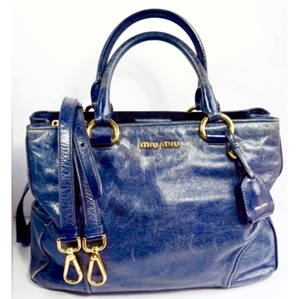 Miu Miu Vitello Lux Distressed Blue Leather Satchel Crossbody Gold Hardware